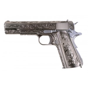 Страйкбольный пистолет Colt 1911 Etched Version, хром, металл, блоу бэк, грин газ